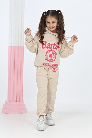 Kız çocuk kapşonlu barbie university baskılı eşofman takımı minah-06030015