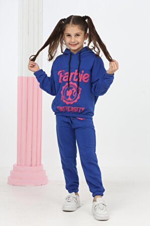 Kız çocuk kapşonlu barbie university baskılı eşofman takımı minah-06030015