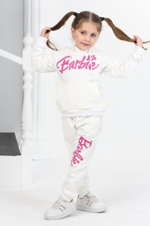 Kız çocuk kapşonlu eşofman takımı barbie baskılı minah-06030016