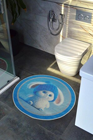 Dijital Baskılı Şapkalı ve Mavi Gözlü Sevimli Hayvan Baskılı Dekoratif Çocuk Banyo PasPası