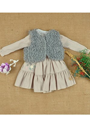 Peluş Kolsuz Bolero Ceketli, Astarlı, Çiçek Nakışlı Elbise 1-3 Yaş