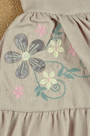 Peluş Kolsuz Bolero Ceketli, Astarlı, Çiçek Nakışlı Elbise 1-3 Yaş