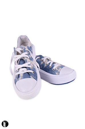 Kadın Mavi Rahat Kalıp Keten Günlük Spor Kalın Tabanlı -5cm- Bağcıklı Sneaker Ayakkabı