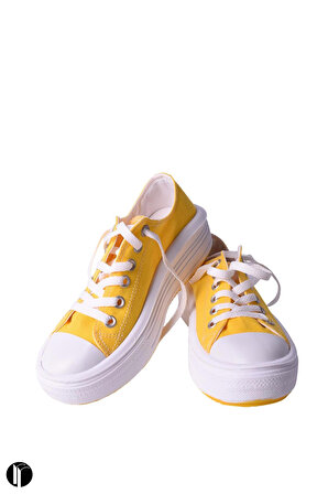 Kadın Sarı Rahat Kalıp Keten Günlük Spor Kalın Tabanlı -5cm- Bağcıklı Sneaker Ayakkabı