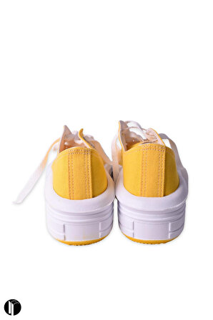 Kadın Sarı Rahat Kalıp Keten Günlük Spor Kalın Tabanlı -5cm- Bağcıklı Sneaker Ayakkabı