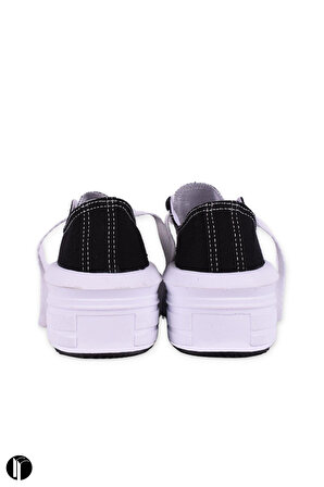 Kadın Siyah Rahat Kalıp Keten Günlük Spor Kalın Tabanlı -5cm- Bağcıklı Sneaker Ayakkabı