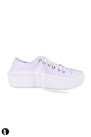 Kadın Beyaz Rahat Kalıp Keten Günlük Spor Kalın Tabanlı -5cm- Bağcıklı Sneaker Ayakkabı