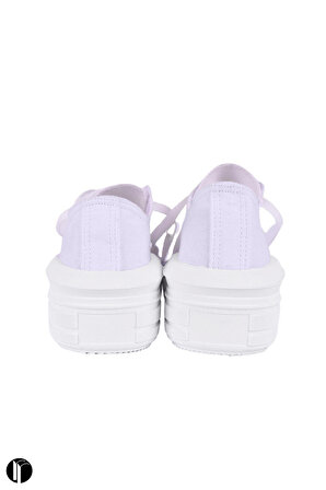 Kadın Beyaz Rahat Kalıp Keten Günlük Spor Kalın Tabanlı -5cm- Bağcıklı Sneaker Ayakkabı
