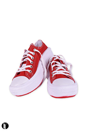 Kadın Kırmızı Rahat Kalıp Keten Günlük Spor Kalın Tabanlı -5cm- Bağcıklı Sneaker Ayakkabı