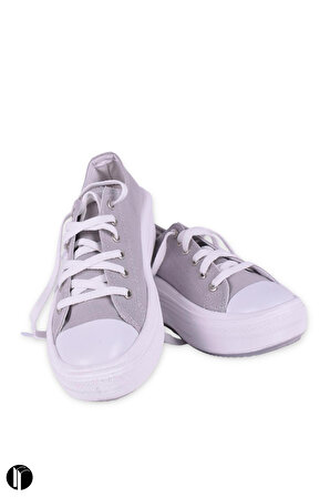 Kadın Gri Rahat Kalıp Keten Günlük Spor Kalın Tabanlı -5cm- Bağcıklı Sneaker Ayakkabı