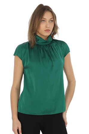 Yaka Drape Detaylı Saten Bluz 01-Yeşil