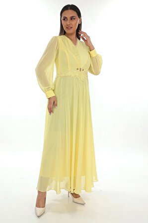 Plise Ve Boncuk Detaylı Büyük Beden Elbise 2213- Sarı
