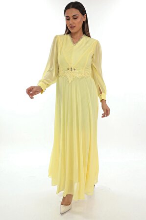 Plise Ve Boncuk Detaylı Büyük Beden Elbise 2213- Sarı