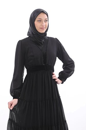 Kadife Garnili V Yaka Elbise-2205-Siyah
