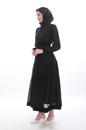 Kadife Garnili V Yaka Elbise-2205-Siyah