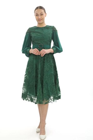 Omuz Detaylı Kemerli Elbise 714-Zümrüt Yeşili