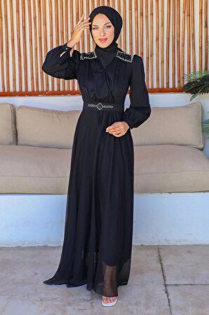 Kruvaze Yaka Bocuk İşlemeli Tesettür Elbise 745-Siyah
