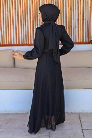 Kruvaze Yaka Bocuk İşlemeli Tesettür Elbise 745-Siyah