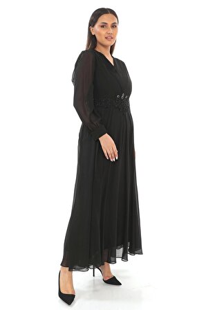 Plise Ve Boncuk Detaylı Büyük Beden Elbise 2213- Siyah