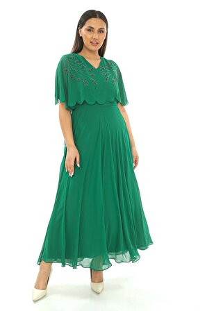 Taş Ve İnci Detaylı Büyük Beden Elbise 2212- Yeşil