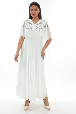 Taş Ve İnci Detaylı Büyük Beden Elbise 2212- Beyaz