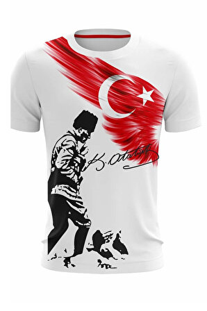 Gençlik Ve Spor Bayramına Özel Mustafa Kemal Atatürk ve Türk Bayrağı Baskılı Beyaz T-Shirt