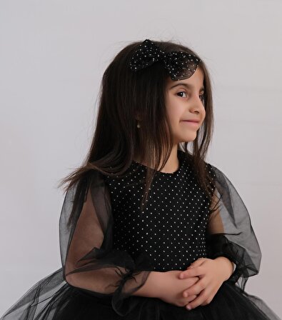 Kız Çocuk Abiye Siyah Parıltılı Tütü Etekli Uzun Kol Kabarık Parıltılı Abiye Elbise