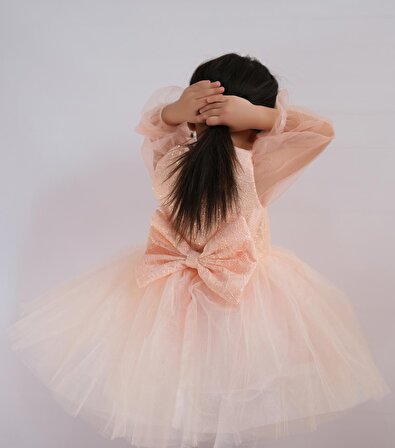 Kız Çocuk Abiye Somon Parıltılı Tütü Etekli Uzun Kol Kabarık Parıltılı Abiye Elbise