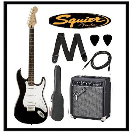 Squier Mm Strat Hard Tail Black Elektro Gitar Set