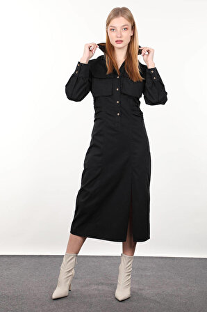 Siyah Yandan Büzgülü Cepli Kadın Elbise