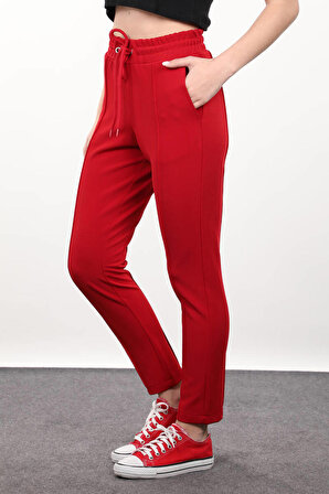 Kırmızı Belden Bağlamalı Kadın Pantolon