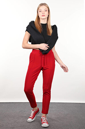 Kırmızı Belden Bağlamalı Kadın Pantolon
