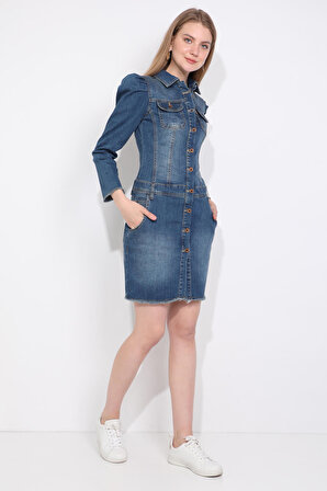 Kadın Mavi Düğmeli Kolu Pile Detaylı Jean Elbise
