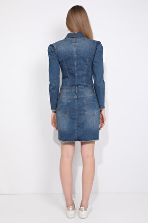 Kadın Mavi Düğmeli Kolu Pile Detaylı Jean Elbise