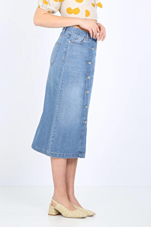 Kadın Açık Mavi Düğmeli Uzun Jean Etek