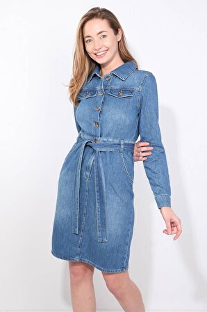 Kadın Mavi Kemerli Uzun Kollu Jean Elbise