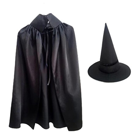 Hallowen Cadılar Bayramı Siyah Çocuk Cadı Şapkası Ve Pelerin (90 Cm ) Set 9-14 Yaş