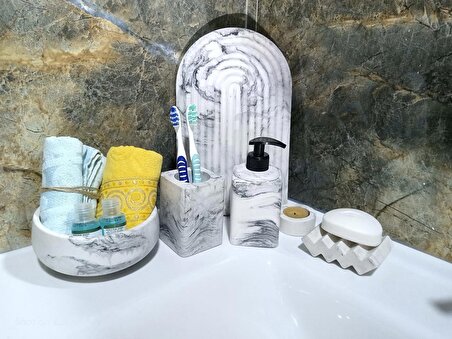 Marble Serisi Havluluk Ve Sivi Sabunluk Tuvalet Wc Diş Fırçalığı Beton Banyo Seti