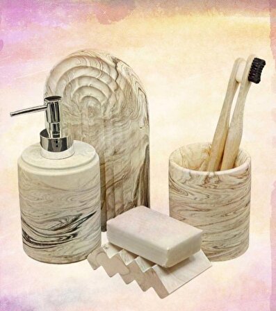 Marble Serisi Sıvı Sabunluk ve Diş Fırçalık Set 4 parça olarak tepsi, diş fırçalık, katı sabunluk
