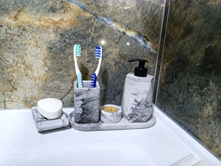 5'li Mermer Desenli Görünümlü Banyo Seti Tuvalet Wc Sıvı Sabunluk Diş Fırçalığı Beton Antrasit