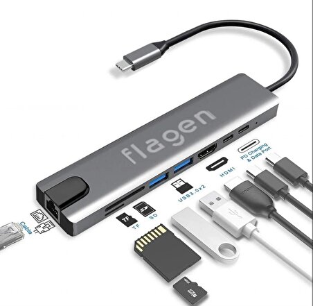 Flagen Apple Macbook Air M1 Type-C Çoğaltıcı 8 in 1 Ethernet SD USB HDMI