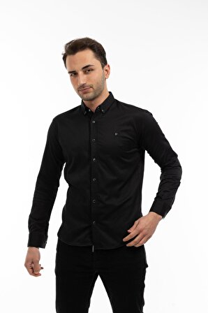 Slim Fit Kalıp Uzun Kollu Casual Düz Renk Erkek Gömlek