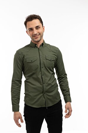 Slim Fit Kalıp Uzun Kollu Cepli Casual Düz Renk Erkek Gömlek