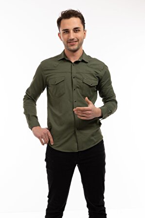 Slim Fit Kalıp Uzun Kollu Casual Düz Renk Cepli Erkek Gömlek