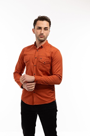 Slim Fit Kalıp Uzun Kollu Casual Düz Renk Cepli Erkek Gömlek