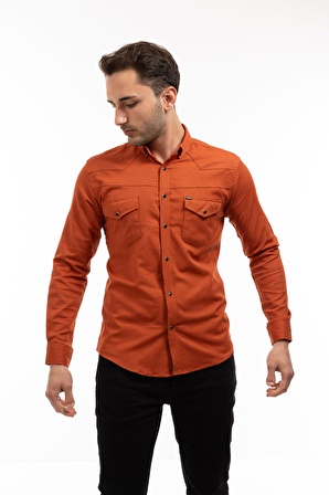 Slim Fit Kalıp Uzun Kollu Casual Düz Renk Cepli Erkek Gömlek