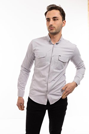 Slim Fit Kalıp Uzun Kollu Cepli Casual Düz Renk Erkek Gömlek
