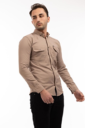 Slim Fit Kalıp Uzun Kollu Casual Cepli Düz Renk Erkek Gömlek