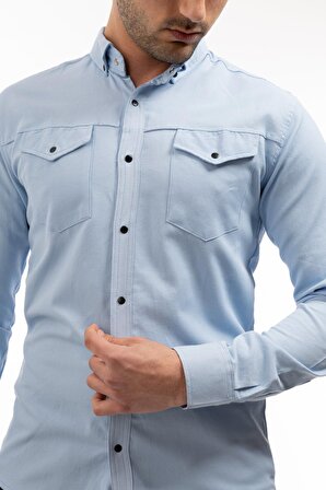 Cepli Slim Fit Kalıp Uzun Kollu Casual Düz Renk Erkek Gömlek
