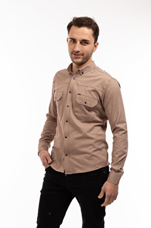 Slim Fit Kalıp Uzun Kollu Casual Düz Renk Erkek Gömlek